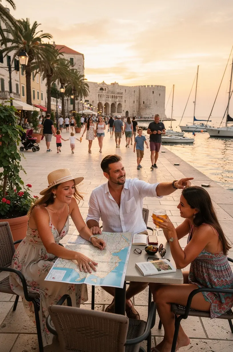 Terasa restorana na morskoj obali s lokalnim jelima i panoramskim pogledom na zalazak sunca.